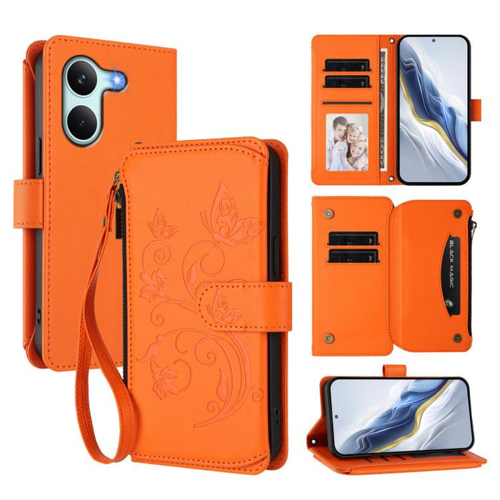 Funda de cuero para teléfono con cartera multitarjeta con cremallera y diseño de mariposa y flor de amor, For Redmi A7 / A5 4G 171mm / Poco C71, For Redmi K90 Max 5G, For Redmi A7 Pro 171mm / Poco C85x 5G, For Redmi Turbo 5 Max / Poco X8 Pro Max       ...