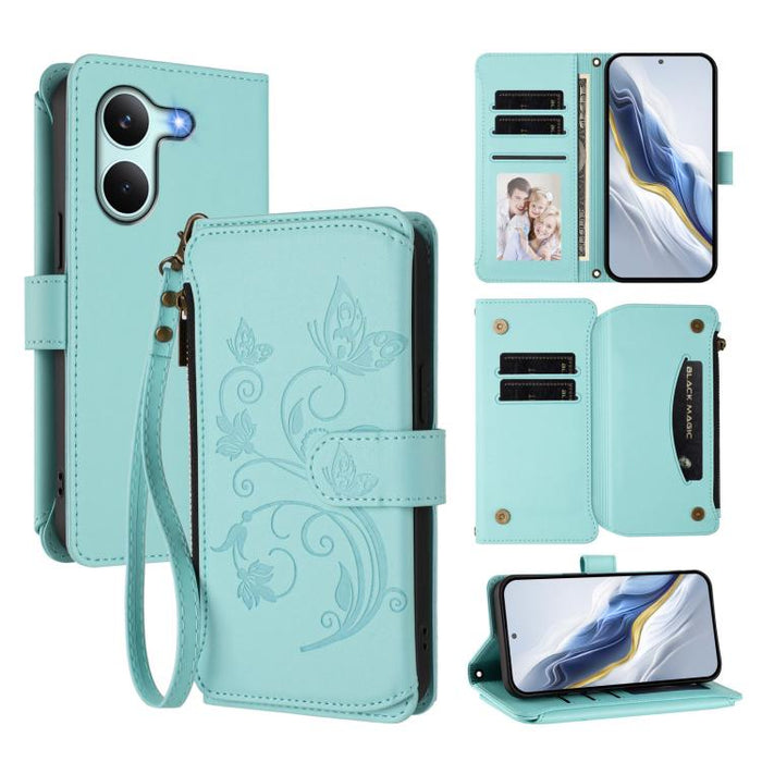 Funda de cuero para teléfono con cartera multitarjeta con cremallera y diseño de mariposa y flor de amor, For Redmi A7 / A5 4G 171mm / Poco C71, For Redmi K90 Max 5G, For Redmi A7 Pro 171mm / Poco C85x 5G, For Redmi Turbo 5 Max / Poco X8 Pro Max       ...
