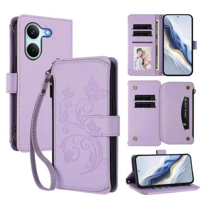 Funda de cuero para teléfono con cartera multitarjeta con cremallera y diseño de mariposa y flor de amor, For Redmi A7 / A5 4G 171mm / Poco C71, For Redmi K90 Max 5G, For Redmi A7 Pro 171mm / Poco C85x 5G, For Redmi Turbo 5 Max / Poco X8 Pro Max       ...