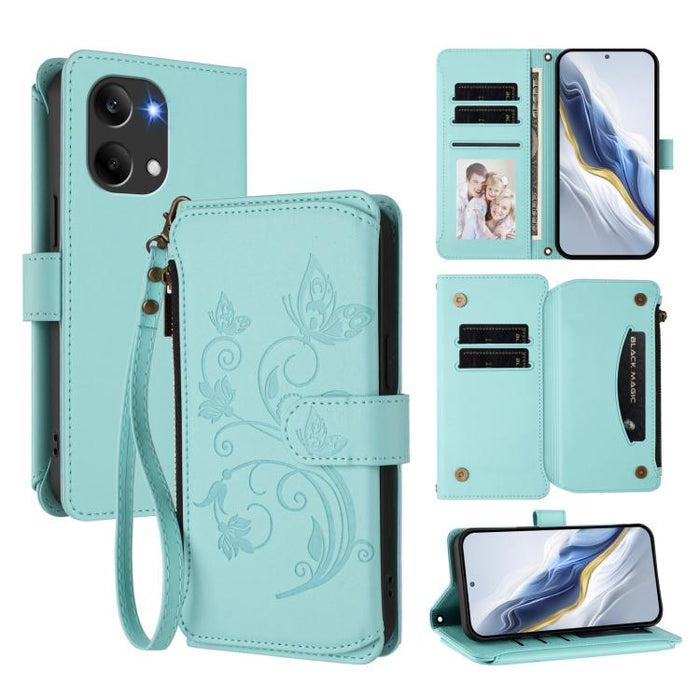 Funda de cuero para teléfono con cartera multitarjeta con cremallera y diseño de mariposa y flor de amor, For Redmi A7 / A5 4G 171mm / Poco C71, For Redmi K90 Max 5G, For Redmi A7 Pro 171mm / Poco C85x 5G, For Redmi Turbo 5 Max / Poco X8 Pro Max       ...