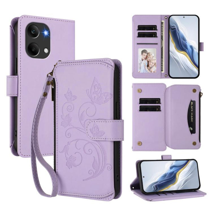 Funda de cuero para teléfono con cartera multitarjeta con cremallera y diseño de mariposa y flor de amor, For Redmi A7 / A5 4G 171mm / Poco C71, For Redmi K90 Max 5G, For Redmi A7 Pro 171mm / Poco C85x 5G, For Redmi Turbo 5 Max / Poco X8 Pro Max       ...
