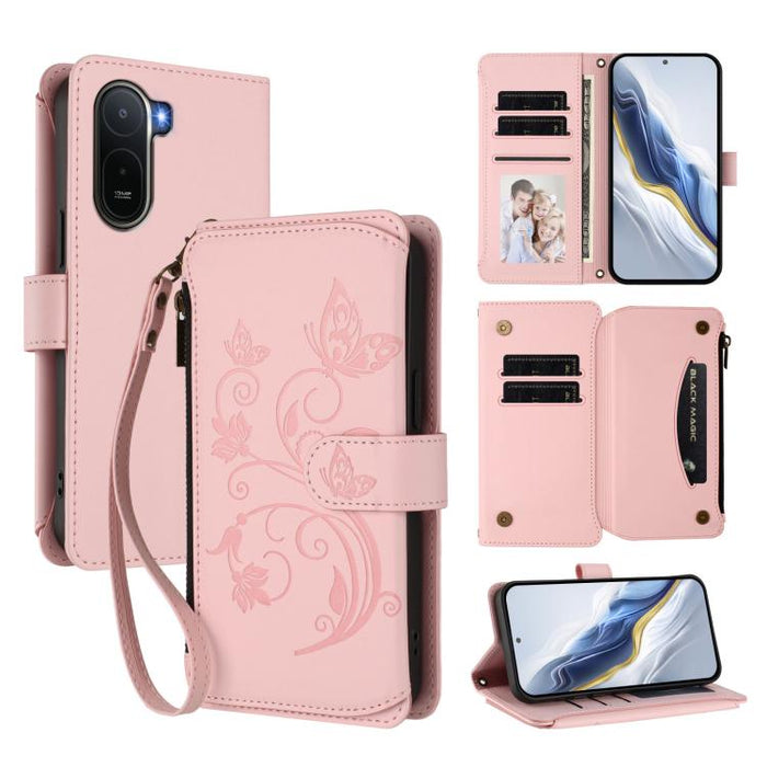 Funda de cuero para teléfono con cartera multitarjeta con cremallera y diseño de mariposa y flor de amor, For Redmi A7 / A5 4G 171mm / Poco C71, For Redmi K90 Max 5G, For Redmi A7 Pro 171mm / Poco C85x 5G, For Redmi Turbo 5 Max / Poco X8 Pro Max       ...