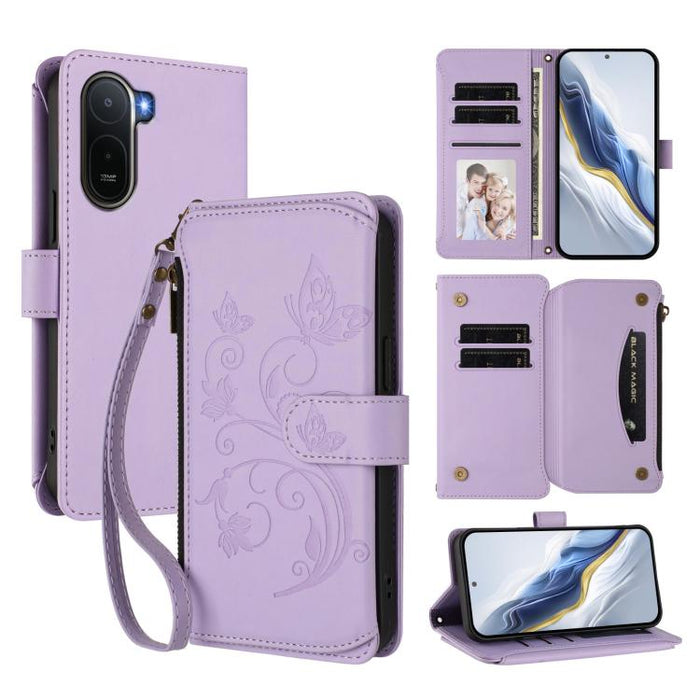 Funda de cuero para teléfono con cartera multitarjeta con cremallera y diseño de mariposa y flor de amor, For Redmi A7 / A5 4G 171mm / Poco C71, For Redmi K90 Max 5G, For Redmi A7 Pro 171mm / Poco C85x 5G, For Redmi Turbo 5 Max / Poco X8 Pro Max       ...