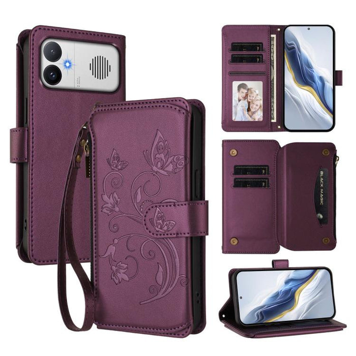 Funda de cuero para teléfono con cartera multitarjeta con cremallera y diseño de mariposa y flor de amor, For Redmi A7 / A5 4G 171mm / Poco C71, For Redmi K90 Max 5G, For Redmi A7 Pro 171mm / Poco C85x 5G, For Redmi Turbo 5 Max / Poco X8 Pro Max       ...