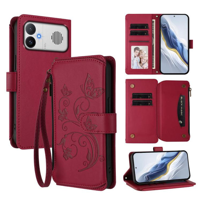Funda de cuero para teléfono con cartera multitarjeta con cremallera y diseño de mariposa y flor de amor, For Redmi A7 / A5 4G 171mm / Poco C71, For Redmi K90 Max 5G, For Redmi A7 Pro 171mm / Poco C85x 5G, For Redmi Turbo 5 Max / Poco X8 Pro Max       ...