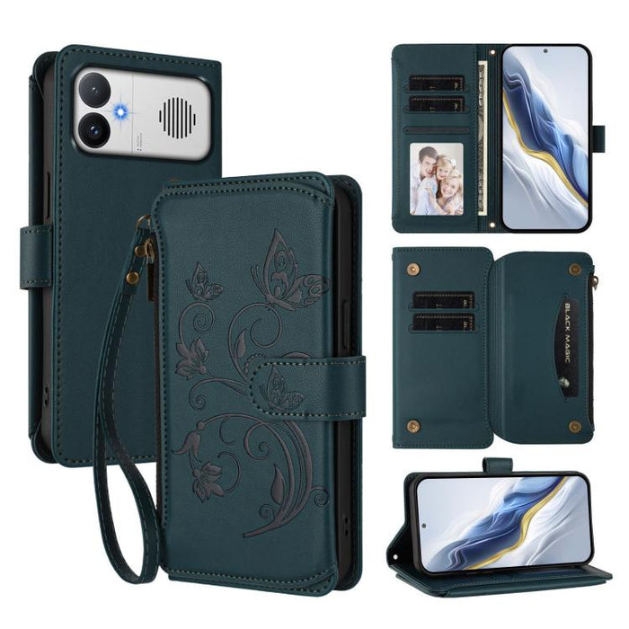 Funda de cuero para teléfono con cartera multitarjeta con cremallera y diseño de mariposa y flor de amor, For Redmi A7 / A5 4G 171mm / Poco C71, For Redmi K90 Max 5G, For Redmi A7 Pro 171mm / Poco C85x 5G, For Redmi Turbo 5 Max / Poco X8 Pro Max       ...