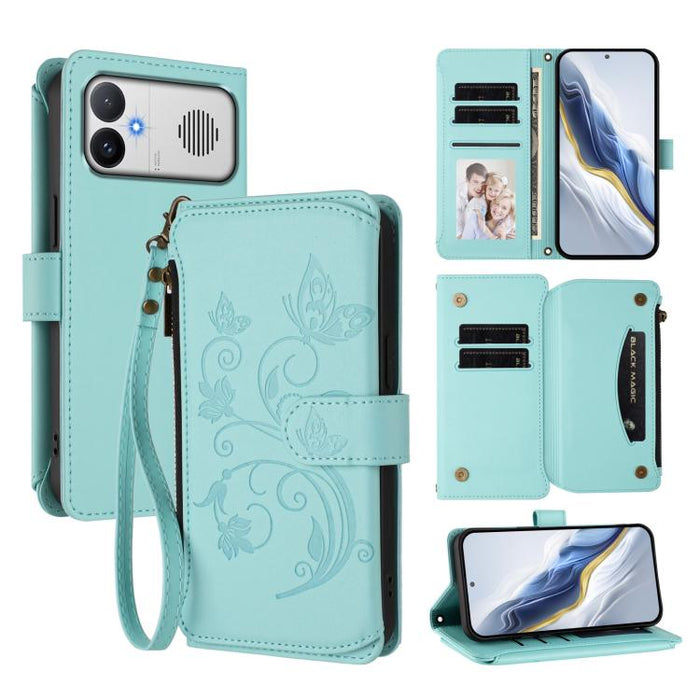 Funda de cuero para teléfono con cartera multitarjeta con cremallera y diseño de mariposa y flor de amor, For Redmi A7 / A5 4G 171mm / Poco C71, For Redmi K90 Max 5G, For Redmi A7 Pro 171mm / Poco C85x 5G, For Redmi Turbo 5 Max / Poco X8 Pro Max       ...