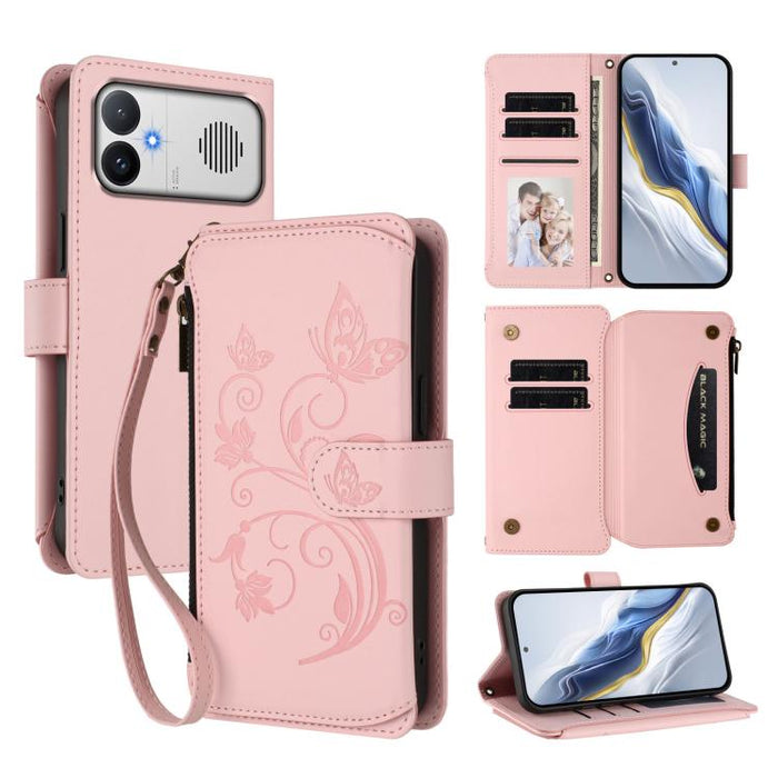 Funda de cuero para teléfono con cartera multitarjeta con cremallera y diseño de mariposa y flor de amor, For Redmi A7 / A5 4G 171mm / Poco C71, For Redmi K90 Max 5G, For Redmi A7 Pro 171mm / Poco C85x 5G, For Redmi Turbo 5 Max / Poco X8 Pro Max       ...