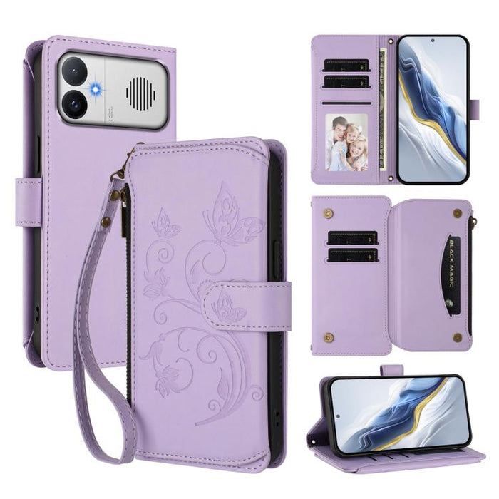 Funda de cuero para teléfono con cartera multitarjeta con cremallera y diseño de mariposa y flor de amor, For Redmi A7 / A5 4G 171mm / Poco C71, For Redmi K90 Max 5G, For Redmi A7 Pro 171mm / Poco C85x 5G, For Redmi Turbo 5 Max / Poco X8 Pro Max       ...