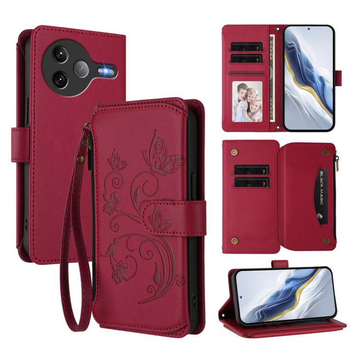 Funda de cuero para teléfono con cartera multitarjeta con cremallera y diseño de mariposa y flor de amor, For Xiaomi 17 Max 5G, For Xiaomi 17T Pro 5G, For Xiaomi Poco M7 4G 169mm, For Xiaomi 15T Pro 5G, For Xiaomi 15T 5G                                ...