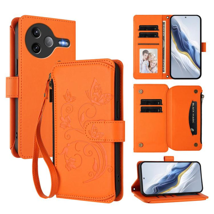 Funda de cuero para teléfono con cartera multitarjeta con cremallera y diseño de mariposa y flor de amor, For Xiaomi 17 Max 5G, For Xiaomi 17T Pro 5G, For Xiaomi Poco M7 4G 169mm, For Xiaomi 15T Pro 5G, For Xiaomi 15T 5G                                ...