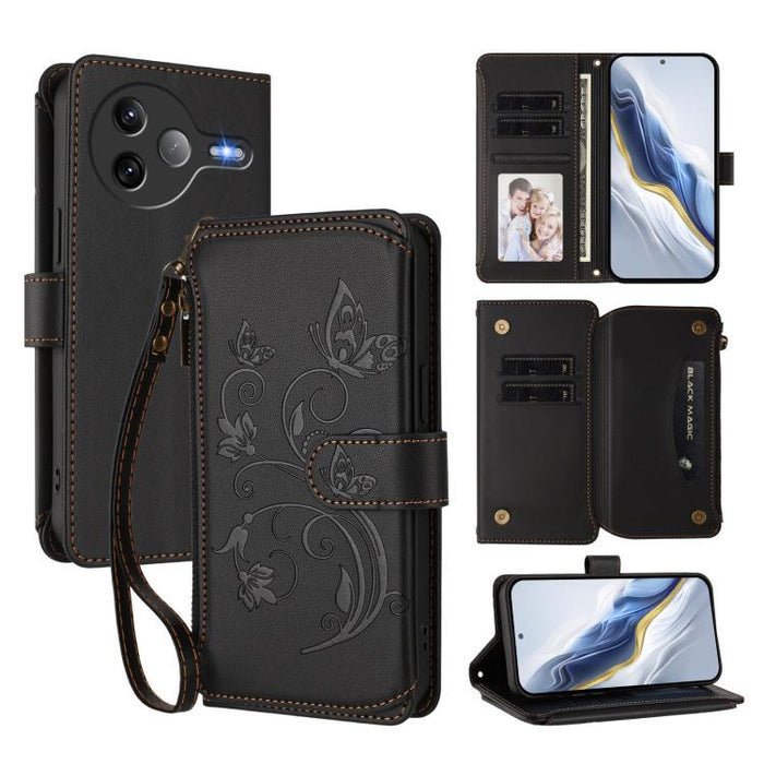 Funda de cuero para teléfono con cartera multitarjeta con cremallera y diseño de mariposa y flor de amor, For Xiaomi 17 Max 5G, For Xiaomi 17T Pro 5G, For Xiaomi Poco M7 4G 169mm, For Xiaomi 15T Pro 5G, For Xiaomi 15T 5G                                ...