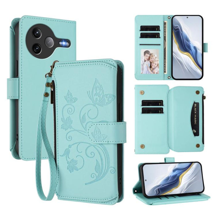 Funda de cuero para teléfono con cartera multitarjeta con cremallera y diseño de mariposa y flor de amor, For Xiaomi 17 Max 5G, For Xiaomi 17T Pro 5G, For Xiaomi Poco M7 4G 169mm, For Xiaomi 15T Pro 5G, For Xiaomi 15T 5G                                ...