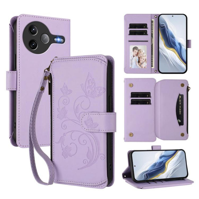 Funda de cuero para teléfono con cartera multitarjeta con cremallera y diseño de mariposa y flor de amor, For Xiaomi 17 Max 5G, For Xiaomi 17T Pro 5G, For Xiaomi Poco M7 4G 169mm, For Xiaomi 15T Pro 5G, For Xiaomi 15T 5G                                ...