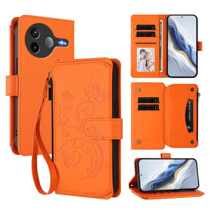 Funda de cuero para teléfono con cartera multitarjeta con cremallera y diseño de mariposa y flor de amor, For Xiaomi 17 Max 5G, For Xiaomi 17T Pro 5G, For Xiaomi Poco M7 4G 169mm, For Xiaomi 15T Pro 5G, For Xiaomi 15T 5G                                ...