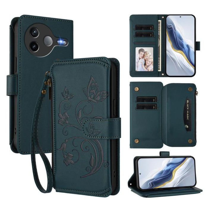 Funda de cuero para teléfono con cartera multitarjeta con cremallera y diseño de mariposa y flor de amor, For Xiaomi 17 Max 5G, For Xiaomi 17T Pro 5G, For Xiaomi Poco M7 4G 169mm, For Xiaomi 15T Pro 5G, For Xiaomi 15T 5G                                ...