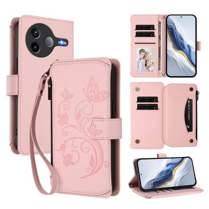Funda de cuero para teléfono con cartera multitarjeta con cremallera y diseño de mariposa y flor de amor, For Xiaomi 17 Max 5G, For Xiaomi 17T Pro 5G, For Xiaomi Poco M7 4G 169mm, For Xiaomi 15T Pro 5G, For Xiaomi 15T 5G                                ...