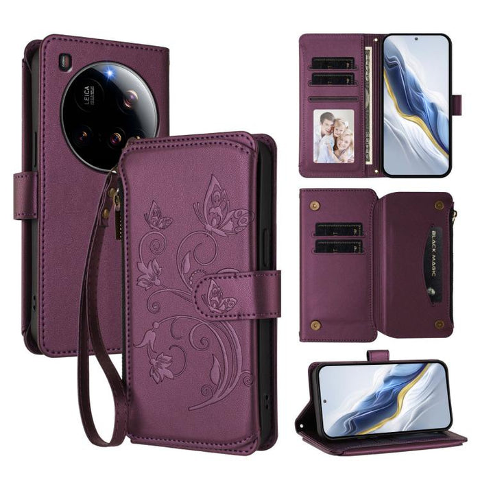 Funda de cuero para teléfono con cartera multitarjeta con cremallera y diseño de mariposa y flor de amor, For Xiaomi 17 Max 5G, For Xiaomi 17T Pro 5G, For Xiaomi Poco M7 4G 169mm, For Xiaomi 15T Pro 5G, For Xiaomi 15T 5G                                ...