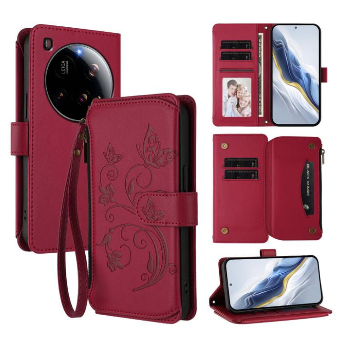 Funda de cuero para teléfono con cartera multitarjeta con cremallera y diseño de mariposa y flor de amor, For Xiaomi 17 Max 5G, For Xiaomi 17T Pro 5G, For Xiaomi Poco M7 4G 169mm, For Xiaomi 15T Pro 5G, For Xiaomi 15T 5G                                ...