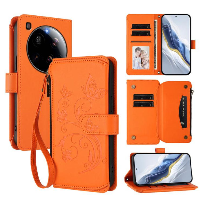 Funda de cuero para teléfono con cartera multitarjeta con cremallera y diseño de mariposa y flor de amor, For Xiaomi 17 Max 5G, For Xiaomi 17T Pro 5G, For Xiaomi Poco M7 4G 169mm, For Xiaomi 15T Pro 5G, For Xiaomi 15T 5G                                ...