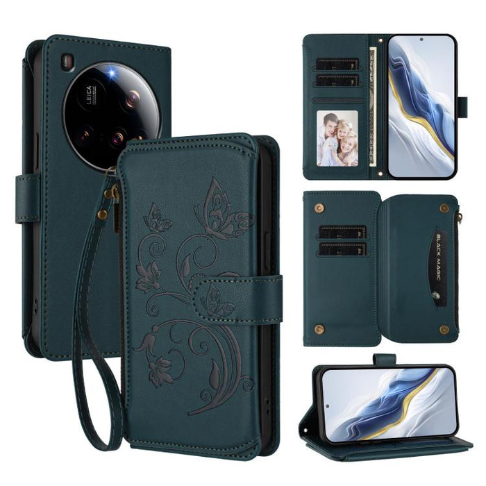 Funda de cuero para teléfono con cartera multitarjeta con cremallera y diseño de mariposa y flor de amor, For Xiaomi 17 Max 5G, For Xiaomi 17T Pro 5G, For Xiaomi Poco M7 4G 169mm, For Xiaomi 15T Pro 5G, For Xiaomi 15T 5G                                ...