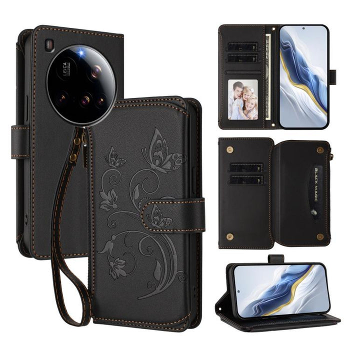 Funda de cuero para teléfono con cartera multitarjeta con cremallera y diseño de mariposa y flor de amor, For Xiaomi 17 Max 5G, For Xiaomi 17T Pro 5G, For Xiaomi Poco M7 4G 169mm, For Xiaomi 15T Pro 5G, For Xiaomi 15T 5G                                ...