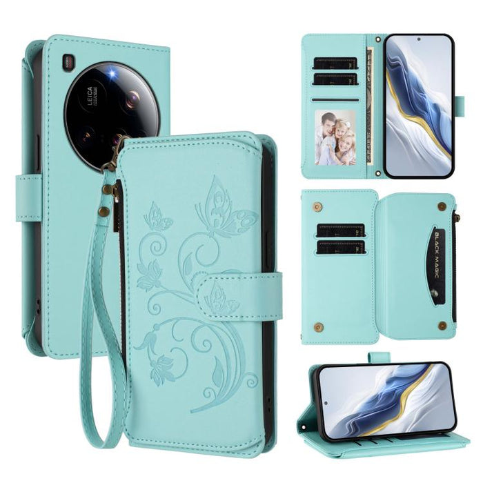Funda de cuero para teléfono con cartera multitarjeta con cremallera y diseño de mariposa y flor de amor, For Xiaomi 17 Max 5G, For Xiaomi 17T Pro 5G, For Xiaomi Poco M7 4G 169mm, For Xiaomi 15T Pro 5G, For Xiaomi 15T 5G                                ...