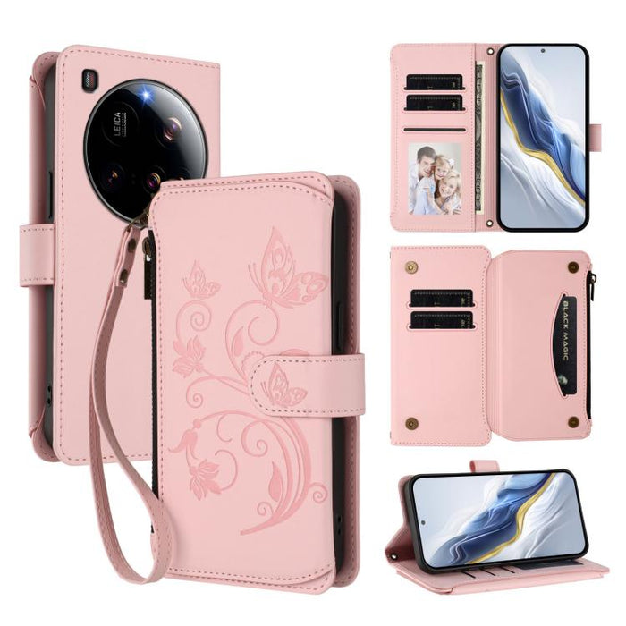 Funda de cuero para teléfono con cartera multitarjeta con cremallera y diseño de mariposa y flor de amor, For Xiaomi 17 Max 5G, For Xiaomi 17T Pro 5G, For Xiaomi Poco M7 4G 169mm, For Xiaomi 15T Pro 5G, For Xiaomi 15T 5G                                ...
