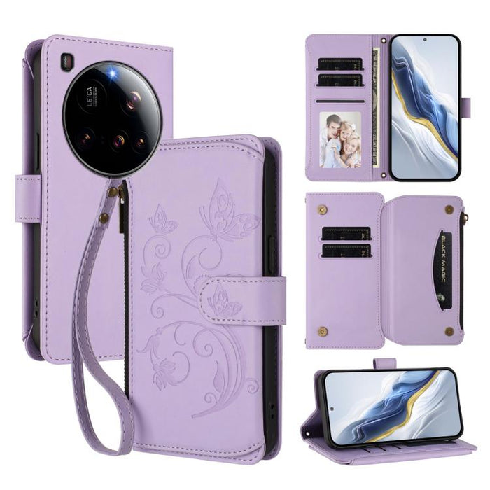 Funda de cuero para teléfono con cartera multitarjeta con cremallera y diseño de mariposa y flor de amor, For Xiaomi 17 Max 5G, For Xiaomi 17T Pro 5G, For Xiaomi Poco M7 4G 169mm, For Xiaomi 15T Pro 5G, For Xiaomi 15T 5G                                ...