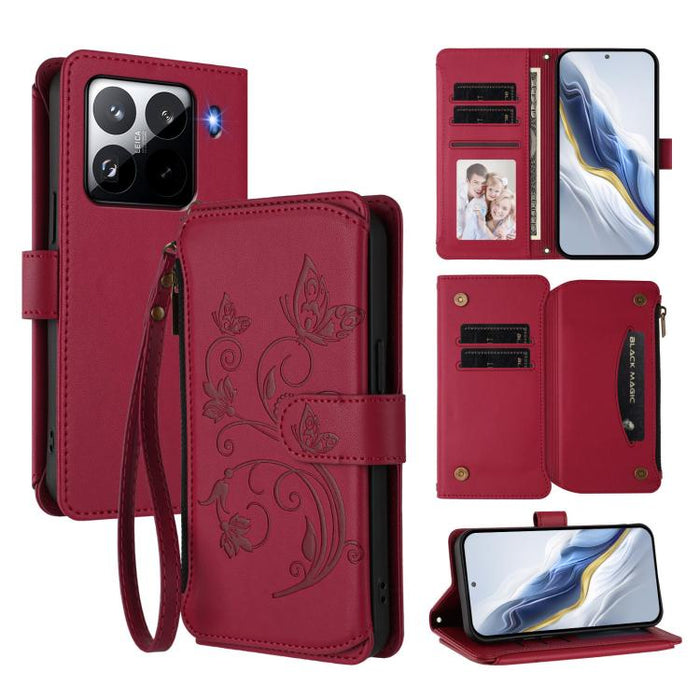 Funda de cuero para teléfono con cartera multitarjeta con cremallera y diseño de mariposa y flor de amor, For Xiaomi 17 Max 5G, For Xiaomi 17T Pro 5G, For Xiaomi Poco M7 4G 169mm, For Xiaomi 15T Pro 5G, For Xiaomi 15T 5G                                ...