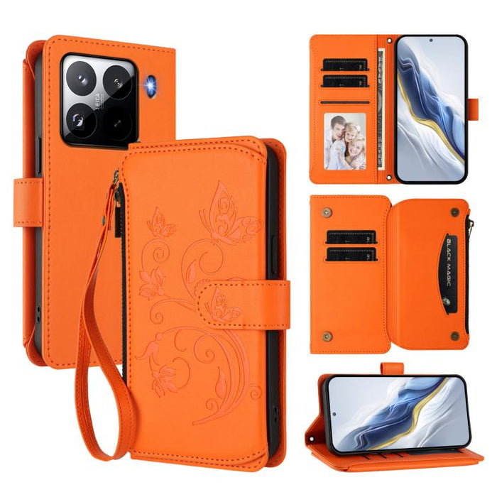 Funda de cuero para teléfono con cartera multitarjeta con cremallera y diseño de mariposa y flor de amor, For Xiaomi 17 Max 5G, For Xiaomi 17T Pro 5G, For Xiaomi Poco M7 4G 169mm, For Xiaomi 15T Pro 5G, For Xiaomi 15T 5G                                ...