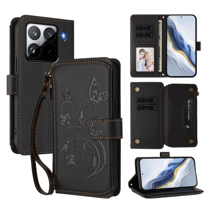 Funda de cuero para teléfono con cartera multitarjeta con cremallera y diseño de mariposa y flor de amor, For Xiaomi 17 Max 5G, For Xiaomi 17T Pro 5G, For Xiaomi Poco M7 4G 169mm, For Xiaomi 15T Pro 5G, For Xiaomi 15T 5G                                ...