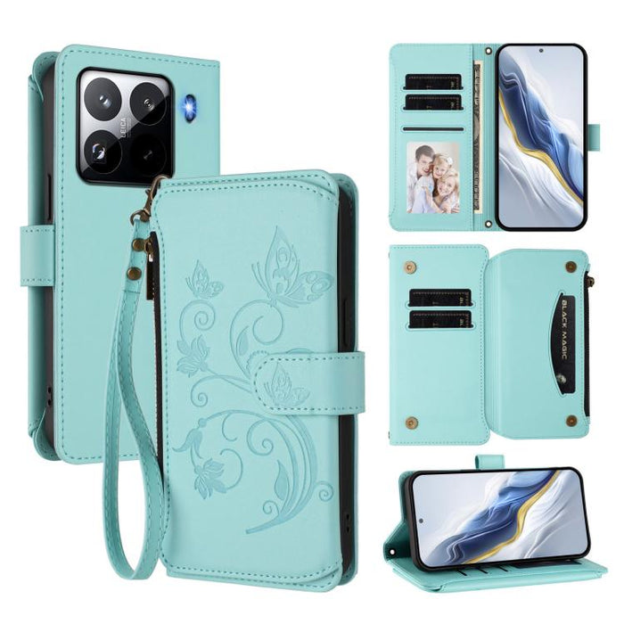 Funda de cuero para teléfono con cartera multitarjeta con cremallera y diseño de mariposa y flor de amor, For Xiaomi 17 Max 5G, For Xiaomi 17T Pro 5G, For Xiaomi Poco M7 4G 169mm, For Xiaomi 15T Pro 5G, For Xiaomi 15T 5G                                ...