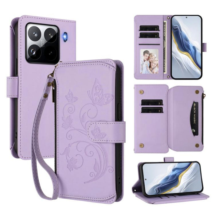 Funda de cuero para teléfono con cartera multitarjeta con cremallera y diseño de mariposa y flor de amor, For Xiaomi 17 Max 5G, For Xiaomi 17T Pro 5G, For Xiaomi Poco M7 4G 169mm, For Xiaomi 15T Pro 5G, For Xiaomi 15T 5G                                ...