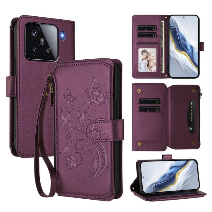 Funda de cuero para teléfono con cartera multitarjeta con cremallera y diseño de mariposa y flor de amor, For Xiaomi 17 Max 5G, For Xiaomi 17T Pro 5G, For Xiaomi Poco M7 4G 169mm, For Xiaomi 15T Pro 5G, For Xiaomi 15T 5G                                ...