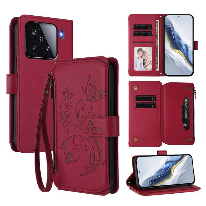 Funda de cuero para teléfono con cartera multitarjeta con cremallera y diseño de mariposa y flor de amor, For Xiaomi 17 Max 5G, For Xiaomi 17T Pro 5G, For Xiaomi Poco M7 4G 169mm, For Xiaomi 15T Pro 5G, For Xiaomi 15T 5G                                ...
