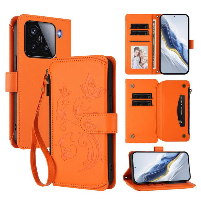 Funda de cuero para teléfono con cartera multitarjeta con cremallera y diseño de mariposa y flor de amor, For Xiaomi 17 Max 5G, For Xiaomi 17T Pro 5G, For Xiaomi Poco M7 4G 169mm, For Xiaomi 15T Pro 5G, For Xiaomi 15T 5G                                ...