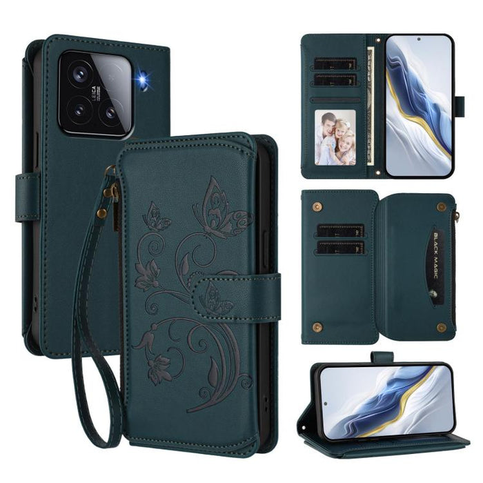 Funda de cuero para teléfono con cartera multitarjeta con cremallera y diseño de mariposa y flor de amor, For Xiaomi 17 Max 5G, For Xiaomi 17T Pro 5G, For Xiaomi Poco M7 4G 169mm, For Xiaomi 15T Pro 5G, For Xiaomi 15T 5G                                ...