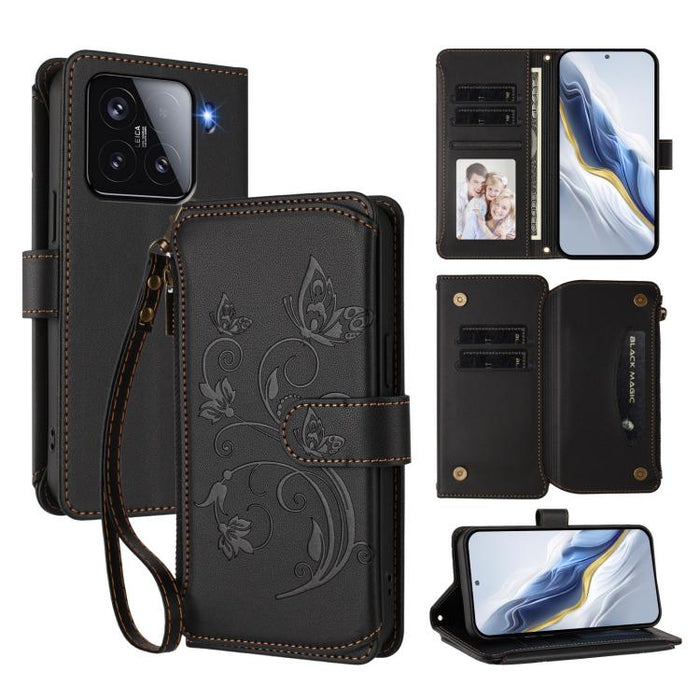 Funda de cuero para teléfono con cartera multitarjeta con cremallera y diseño de mariposa y flor de amor, For Xiaomi 17 Max 5G, For Xiaomi 17T Pro 5G, For Xiaomi Poco M7 4G 169mm, For Xiaomi 15T Pro 5G, For Xiaomi 15T 5G                                ...