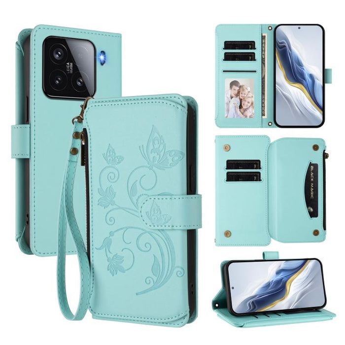 Funda de cuero para teléfono con cartera multitarjeta con cremallera y diseño de mariposa y flor de amor, For Xiaomi 17 Max 5G, For Xiaomi 17T Pro 5G, For Xiaomi Poco M7 4G 169mm, For Xiaomi 15T Pro 5G, For Xiaomi 15T 5G                                ...