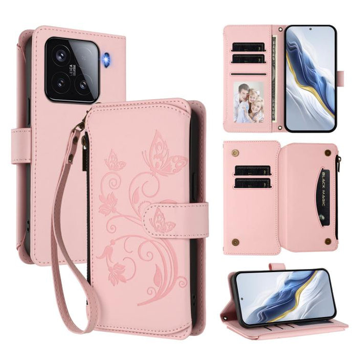 Funda de cuero para teléfono con cartera multitarjeta con cremallera y diseño de mariposa y flor de amor, For Xiaomi 17 Max 5G, For Xiaomi 17T Pro 5G, For Xiaomi Poco M7 4G 169mm, For Xiaomi 15T Pro 5G, For Xiaomi 15T 5G                                ...