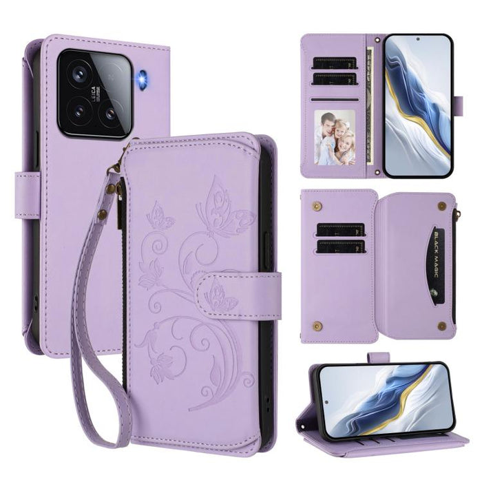 Funda de cuero para teléfono con cartera multitarjeta con cremallera y diseño de mariposa y flor de amor, For Xiaomi 17 Max 5G, For Xiaomi 17T Pro 5G, For Xiaomi Poco M7 4G 169mm, For Xiaomi 15T Pro 5G, For Xiaomi 15T 5G                                ...