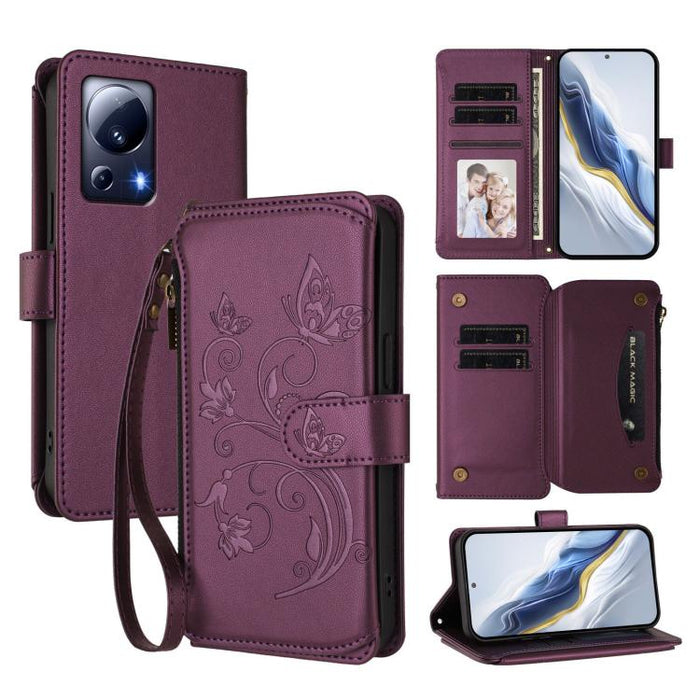 Funda de cuero para teléfono con cartera multitarjeta con cremallera y diseño de mariposa y flor de amor, For Xiaomi 13 Lite / Civi 2, For Xiaomi 13 Pro, For Xiaomi 13, For Xiaomi 12T / 12T Pro / Redmi K50 Ultra, For Xiaomi 12S Ultra                   ...
