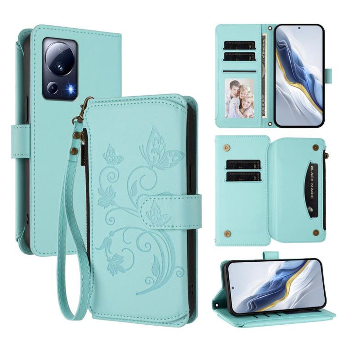 Funda de cuero para teléfono con cartera multitarjeta con cremallera y diseño de mariposa y flor de amor, For Xiaomi 13 Lite / Civi 2, For Xiaomi 13 Pro, For Xiaomi 13, For Xiaomi 12T / 12T Pro / Redmi K50 Ultra, For Xiaomi 12S Ultra                   ...
