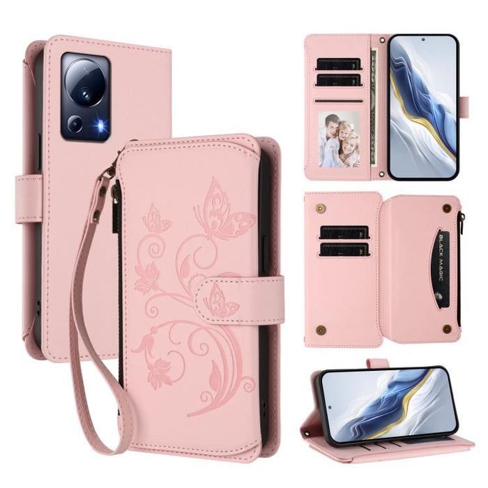 Funda de cuero para teléfono con cartera multitarjeta con cremallera y diseño de mariposa y flor de amor, For Xiaomi 13 Lite / Civi 2, For Xiaomi 13 Pro, For Xiaomi 13, For Xiaomi 12T / 12T Pro / Redmi K50 Ultra, For Xiaomi 12S Ultra                   ...