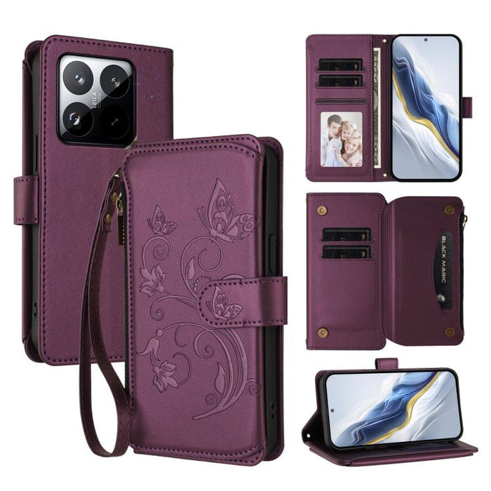 Funda de cuero para teléfono con cartera multitarjeta con cremallera y diseño de mariposa y flor de amor, For Xiaomi 17 Max 5G, For Xiaomi 17T Pro 5G, For Xiaomi Poco M7 4G 169mm, For Xiaomi 15T Pro 5G, For Xiaomi 15T 5G                                ...