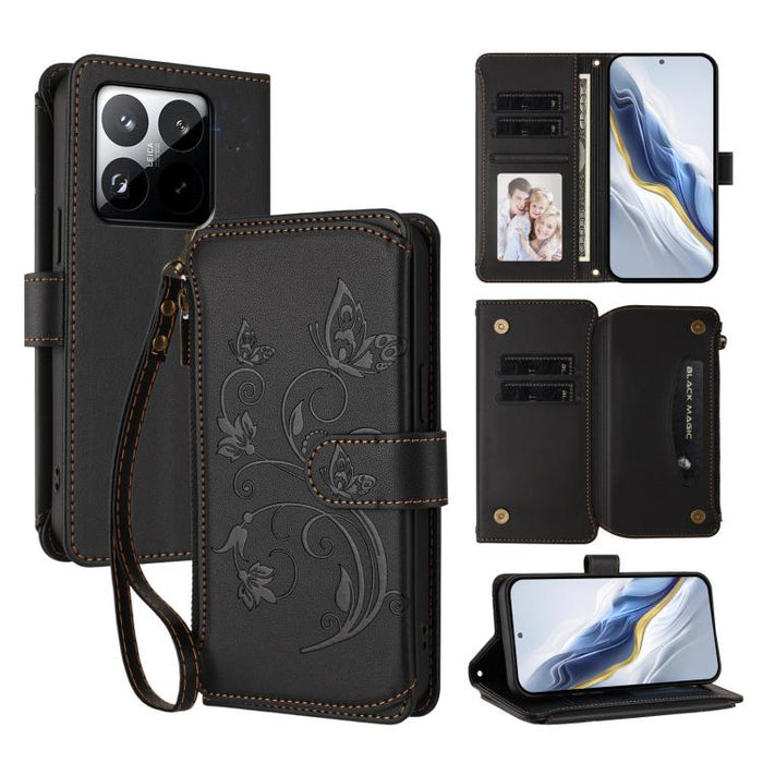 Funda de cuero para teléfono con cartera multitarjeta con cremallera y diseño de mariposa y flor de amor, For Xiaomi 17 Max 5G, For Xiaomi 17T Pro 5G, For Xiaomi Poco M7 4G 169mm, For Xiaomi 15T Pro 5G, For Xiaomi 15T 5G                                ...