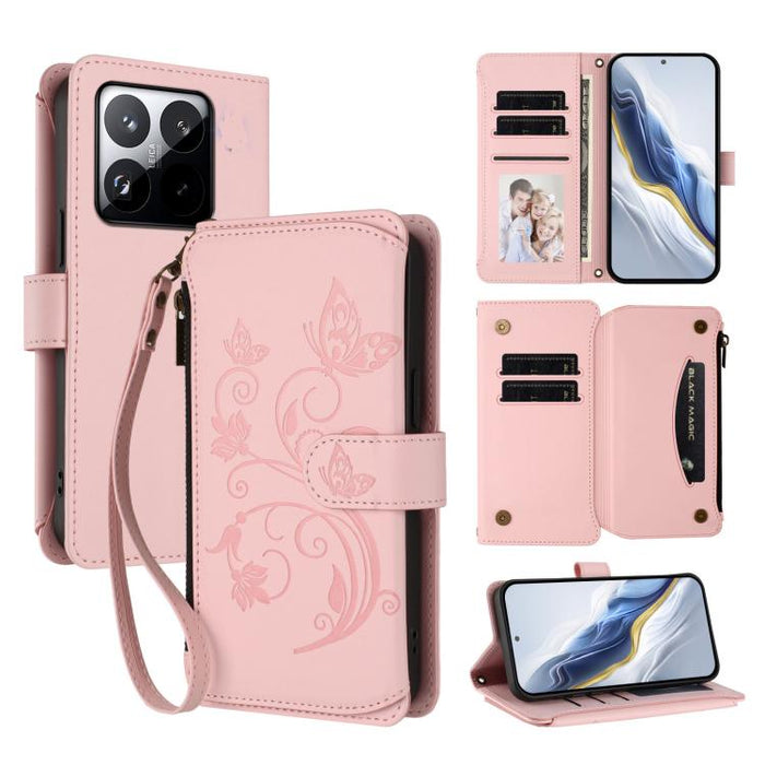 Funda de cuero para teléfono con cartera multitarjeta con cremallera y diseño de mariposa y flor de amor, For Xiaomi 17 Max 5G, For Xiaomi 17T Pro 5G, For Xiaomi Poco M7 4G 169mm, For Xiaomi 15T Pro 5G, For Xiaomi 15T 5G                                ...