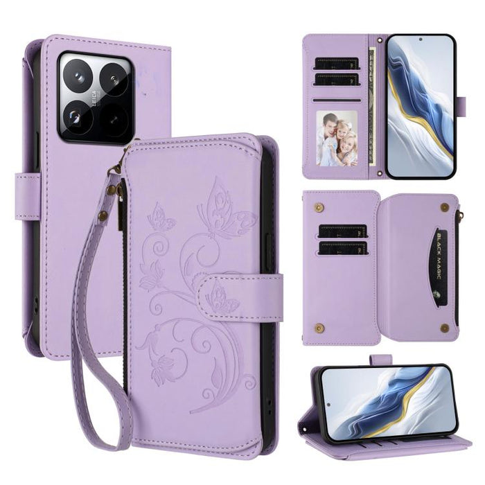 Funda de cuero para teléfono con cartera multitarjeta con cremallera y diseño de mariposa y flor de amor, For Xiaomi 17 Max 5G, For Xiaomi 17T Pro 5G, For Xiaomi Poco M7 4G 169mm, For Xiaomi 15T Pro 5G, For Xiaomi 15T 5G                                ...