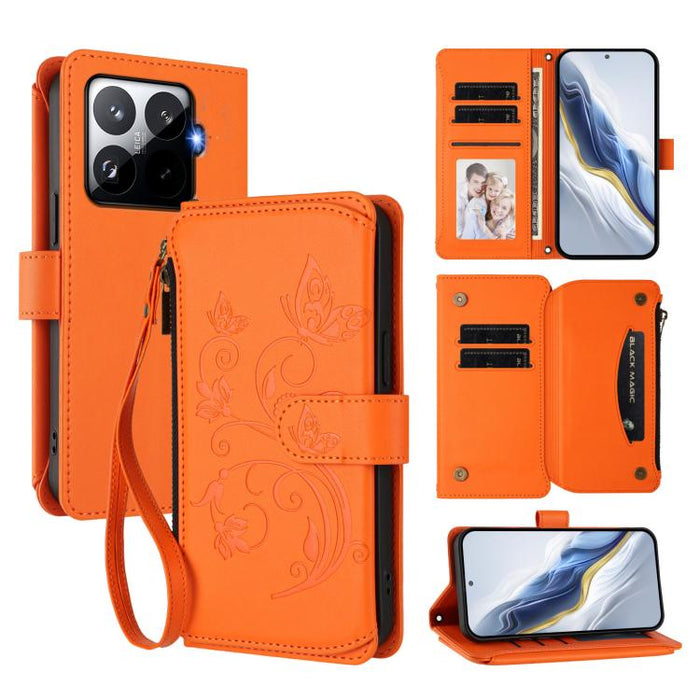 Funda de cuero para teléfono con cartera multitarjeta con cremallera y diseño de mariposa y flor de amor, For Xiaomi 17 Max 5G, For Xiaomi 17T Pro 5G, For Xiaomi Poco M7 4G 169mm, For Xiaomi 15T Pro 5G, For Xiaomi 15T 5G                                ...